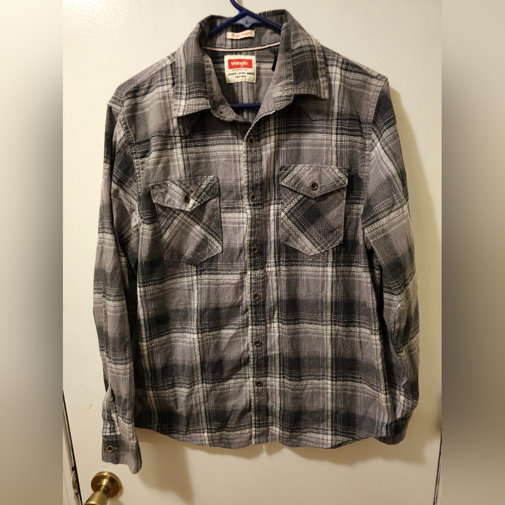Wrangler Shirt Gray Plaid Outdoors Western Cowboy Button Up Men's Size M